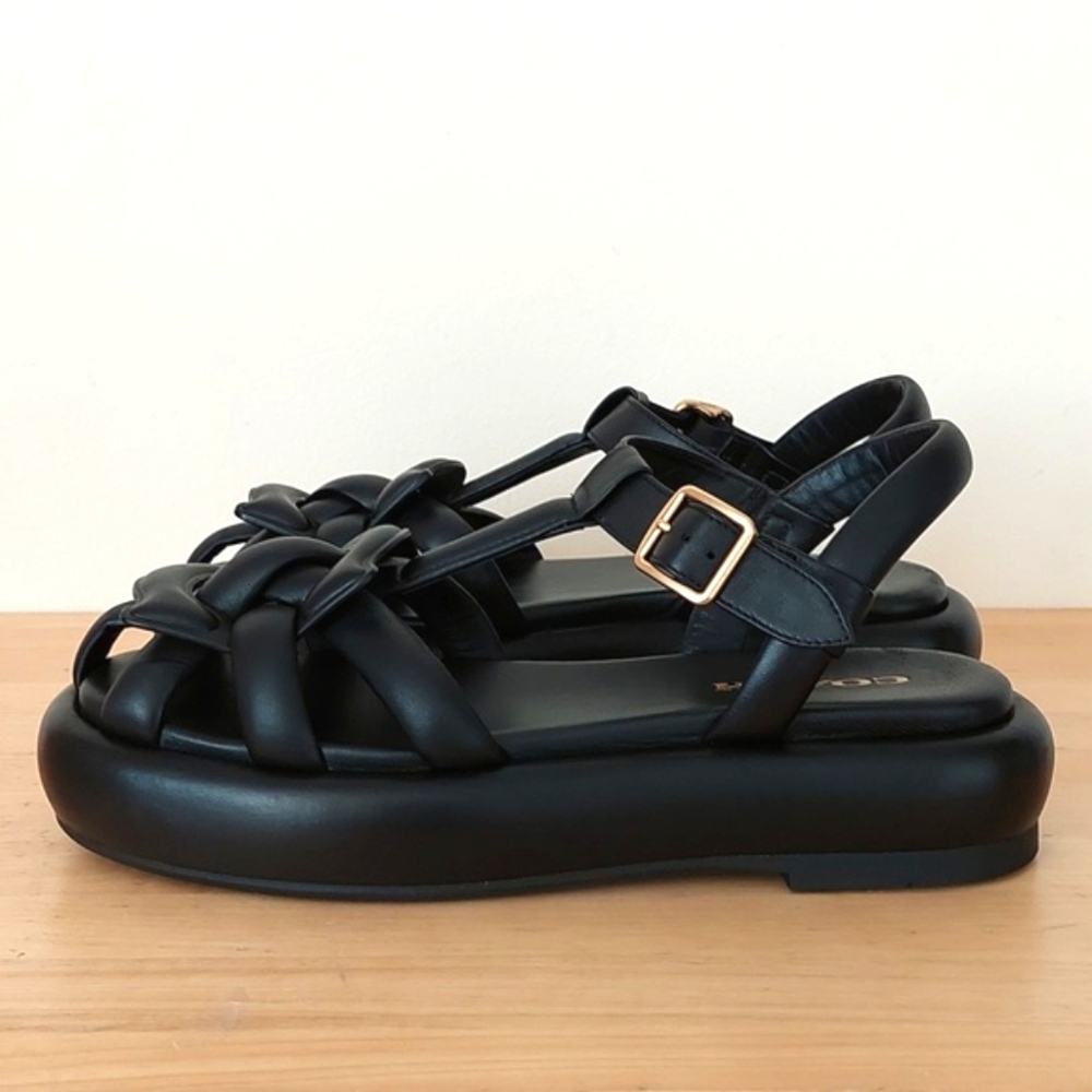 Coach Penney Strappy Fisherman Platform Black Leather Sandals - Picture 2 of 16